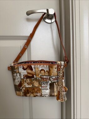 Printed Magazine-Collage Crossbody Bag with Tan Trim